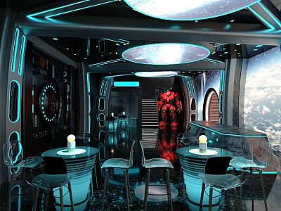 Futuristic Store Front Desk With Blue Lighting Round Tables Red Decor And Starry Ceiling 3d model