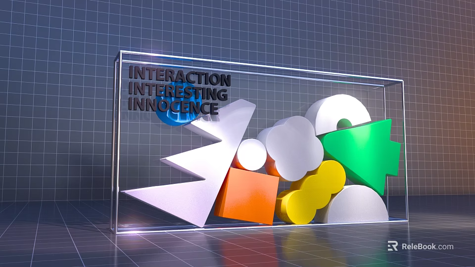 Transparent Box Featuring Interaction Interesting Innovation With Colorful Geometric Shapes On Grid Background 3d model 
