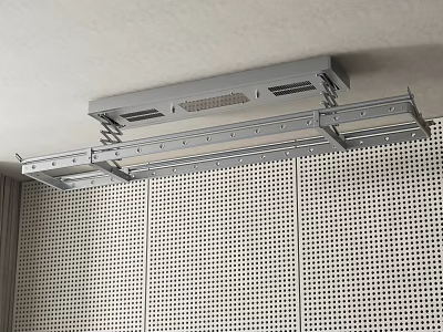 Ceiling Mounted Clothes Drying Rack With Gray Metal Structure And Multiple Rods On Perforated Wall 3d model
