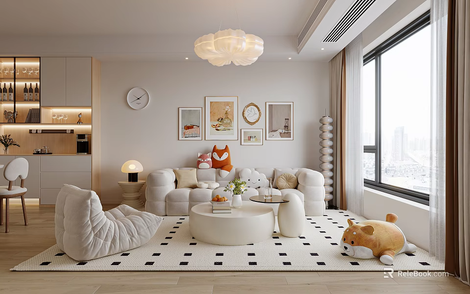 Cozy Living Room Interior Design With Cloud Chandelier White Sofa Decorative Paintings And Checkered Rug 3d model 