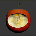 Red Bitten Apple with Green Leaf Stem and Yellow Flesh on Dark Background with Reflection