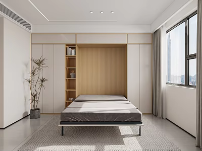 Modern Minimalist Bedroom Interior With Gray Mattress Bed Wooden Cabinet And Green Plant 3d model