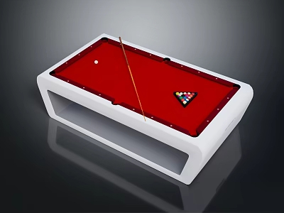 Sleek Red Felt Billiard Table With White Frame Cue Stick And Balls 3d model