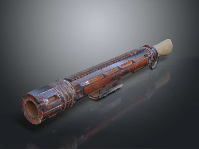 Ancient Tube Shaped Weapon With Reddish Brown Textured Surface And Wooden Handle 3d model