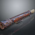 Ancient Tube Shaped Weapon With Reddish Brown Textured Surface And Wooden Handle