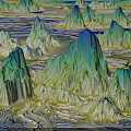 Dreamy Fantasy Landscape Featuring Jagged Mountain Peaks in Blue Green Tones and Winding Rivers