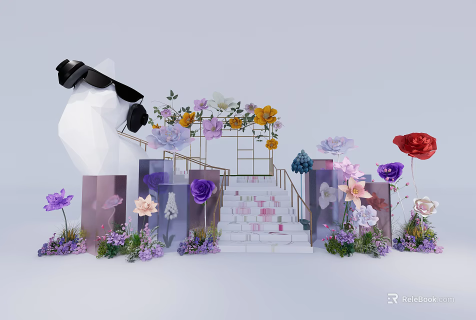 Geometric Floral Display With Staircase And Colorful Purple Pink Red Blooms 3d model 