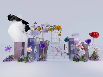 Geometric Floral Display With Staircase And Colorful Purple Pink Red Blooms 3d model
