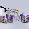 Geometric Floral Display With Staircase And Colorful Purple Pink Red Blooms