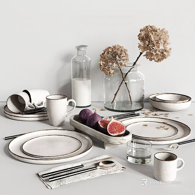 Minimalist Dinnerware Set With Stacked Plates Mugs Figs Dried Flowers And Milk Bottle 3d model 