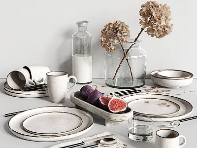 Minimalist Dinnerware Set With Stacked Plates Mugs Figs Dried Flowers And Milk Bottle 3d model