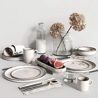 Minimalist Dinnerware Set With Stacked Plates Mugs Figs Dried Flowers And Milk Bottle 3d model