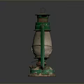 Rustic Vintage Lighting Combination Featuring Green And Beige Old Fashioned Kerosene Lamp With Rusty Accents