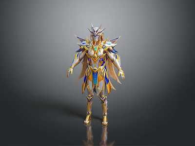 3D Fantasy Winged Warrior With Golden Blue White Armor And Ornate Details 3d model