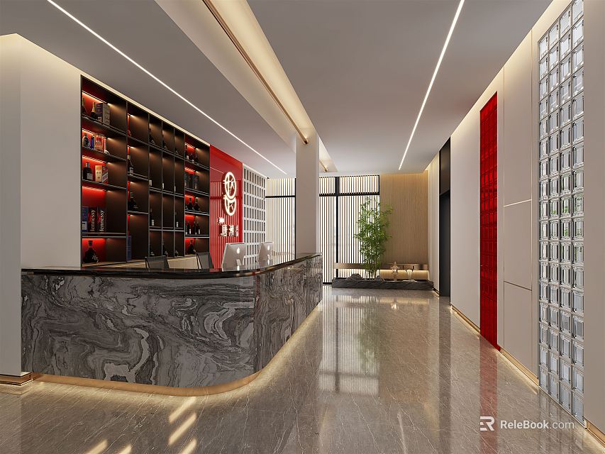Modern Shop Front Desk With Marble Countertop Red Accents Display Shelves And Green Plant 3d model 