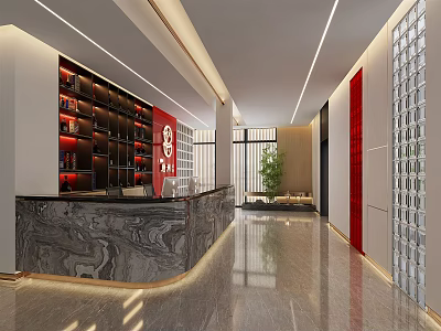 Modern Shop Front Desk With Marble Countertop Red Accents Display Shelves And Green Plant 3d model