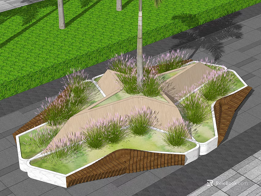 Modern Tree Pit Landscape With Palm Tree Grasses And Wooden Borders On Paved Ground 3d model 