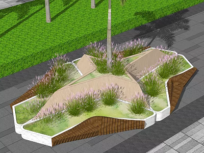 Modern Tree Pit Landscape With Palm Tree Grasses And Wooden Borders On Paved Ground 3d model