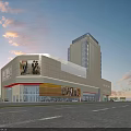Modern High Rise Commercial Complex with Glass Facade Retail Area and Sunset Sky View