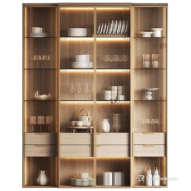 Elegant Modern Sideboard With Glass Doors Dishes Glasses Drawers And Warm Lighting 3d model 