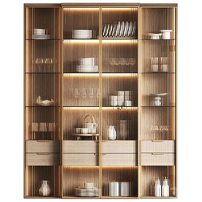 Elegant Modern Sideboard With Glass Doors Dishes Glasses Drawers And Warm Lighting 3d model
