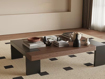 Modern Wooden Coffee Table With Black Metal Legs Books Vase And Bowl On Checkered Rug 3d model