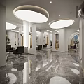 Modern Beauty Hair Salon Interior With Marble Floors Barber Chairs Mirrors And Lighting