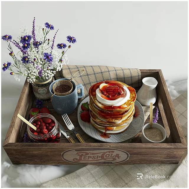Delicious Pancake Stack with Whipped Cream Syrup Fresh Strawberries Coffee and Jam in Wooden Tray 3d model 