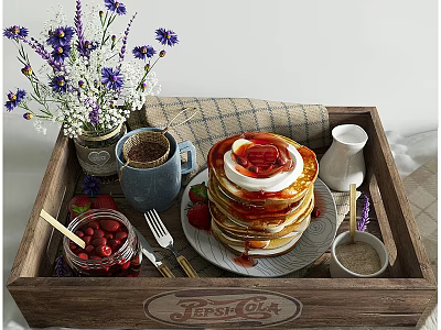 Delicious Pancake Stack with Whipped Cream Syrup Fresh Strawberries Coffee and Jam in Wooden Tray 3d model