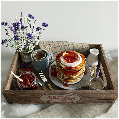 Delicious Pancake Stack with Whipped Cream Syrup Fresh Strawberries Coffee and Jam in Wooden Tray 3d model