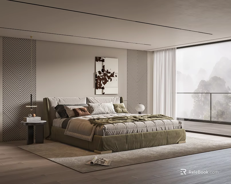 Modern Bedroom Interior With Large Bed Decorative Painting Nightstand Lamp And Mountain View Window 3d model 