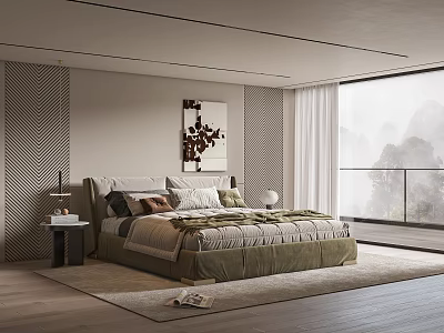 Modern Bedroom Interior With Large Bed Decorative Painting Nightstand Lamp And Mountain View Window 3d model