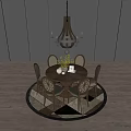 Elegant Round Dining Table Set With Four Chairs Chandelier And Round Rug On Wooden Floor