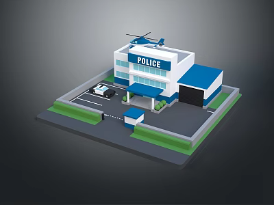 Blue And White Police Station Building With Helicopter On Roof Police Car And Parking Area 3d model