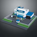 Blue And White Police Station Building With Helicopter On Roof Police Car And Parking Area