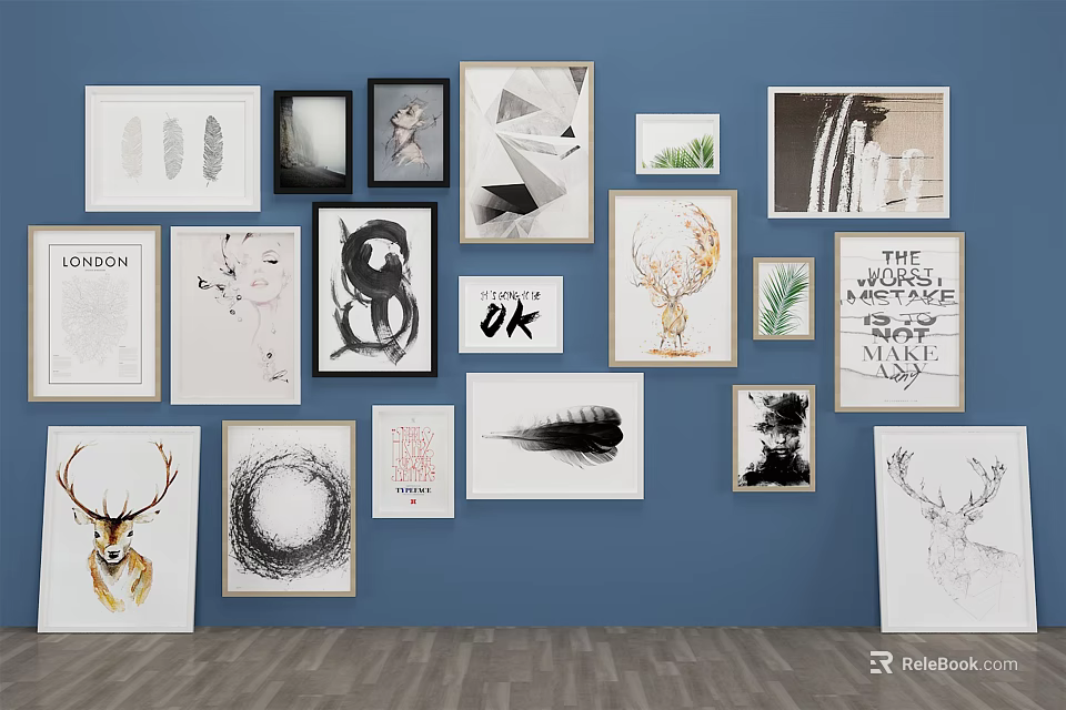 Creative Arrangement Of Various Artworks And Picture Frames On Blue Wall 3d model 
