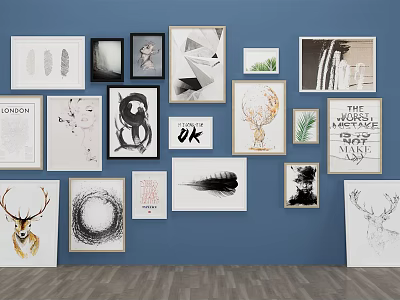 Creative Arrangement Of Various Artworks And Picture Frames On Blue Wall 3d model