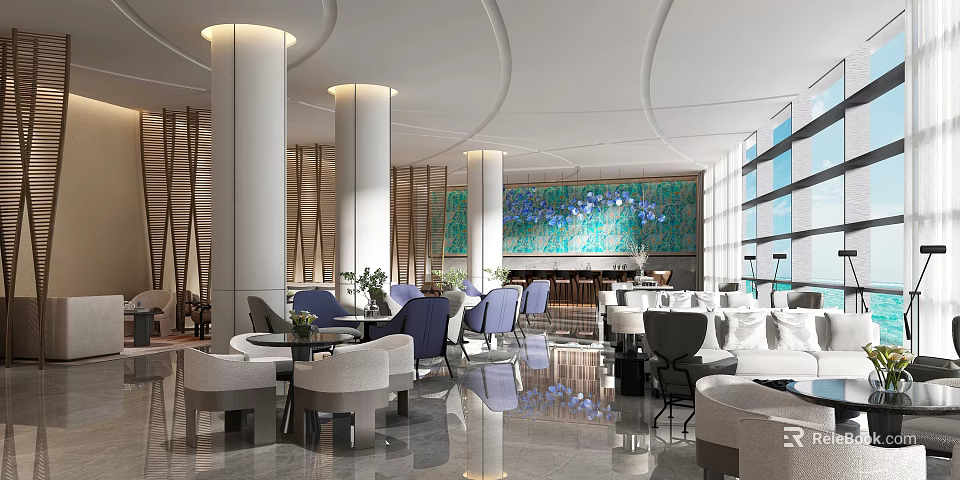 Modern Luxury Hotel Public Lounge Area With Comfortable Seats And Elegant Art Wall Design 3d model 
