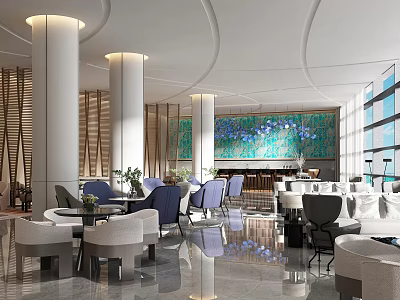 Modern Luxury Hotel Public Lounge Area With Comfortable Seats And Elegant Art Wall Design 3d model