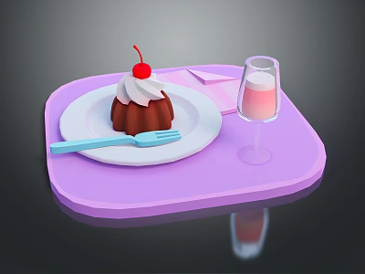 Chocolate Pudding With Cherry On Top Served On White Plate Blue Fork And Pink Drink 3d model