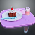 Chocolate Pudding With Cherry On Top Served On White Plate Blue Fork And Pink Drink