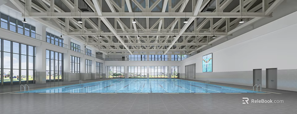 Indoor Large Swimming Pool With Ceiling Structure Windows And Floor Tiles 3d model