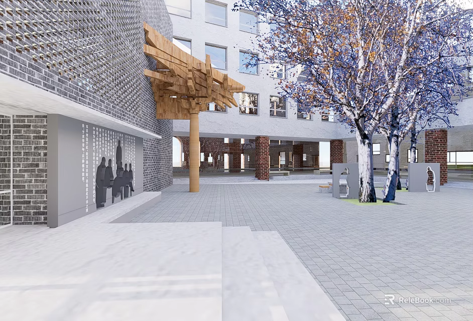 Modern School Building With Open Courtyard Trees Brick Walls And Wooden Structure 3d model 