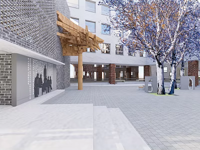 Modern School Building With Open Courtyard Trees Brick Walls And Wooden Structure 3d model