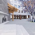 Modern School Building With Open Courtyard Trees Brick Walls And Wooden Structure