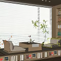 Cozy Tea Room Interior Featuring Wooden Structure Window Blinds Window Seats Bookshelves And Green Plants