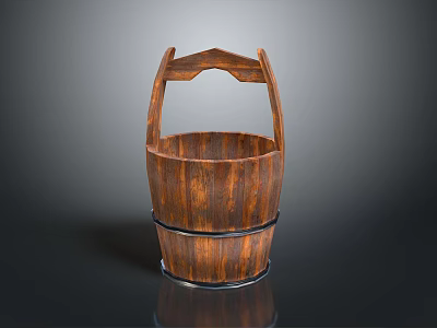 Rustic Wooden Bucket With Curved Handles Natural Grain And Metal Hoop 3d model