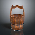 Rustic Wooden Bucket With Curved Handles Natural Grain And Metal Hoop