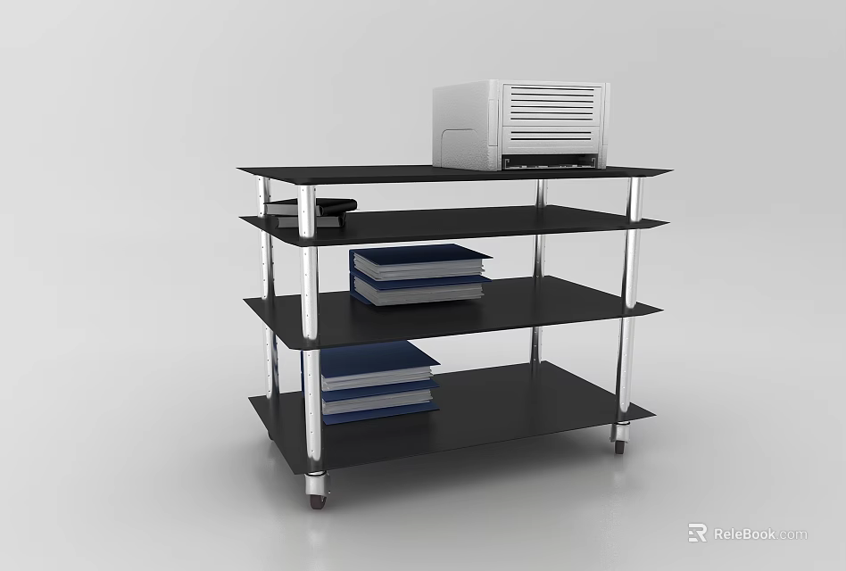 Black Multi Tiered Industrial Equipment Storage Shelf With Stacked Books And White Machine 3d model 