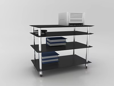 Black Multi Tiered Industrial Equipment Storage Shelf With Stacked Books And White Machine 3d model